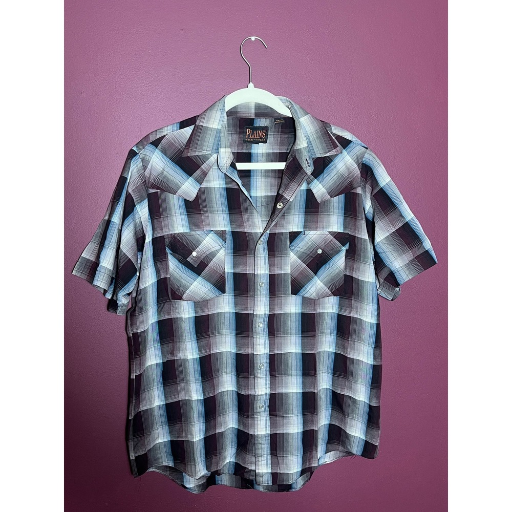 Plains Western Wear Mens Blue Purple Plaid Pearl Snap Short Sleeve Shirt